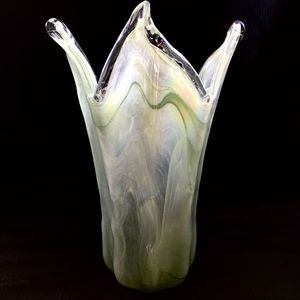 Hand Blown Light Green Clear White Lg Glass Vase